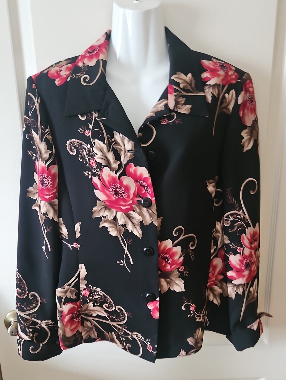 EMMA James Jacket floral flowers button front size 14 red black gold lin…